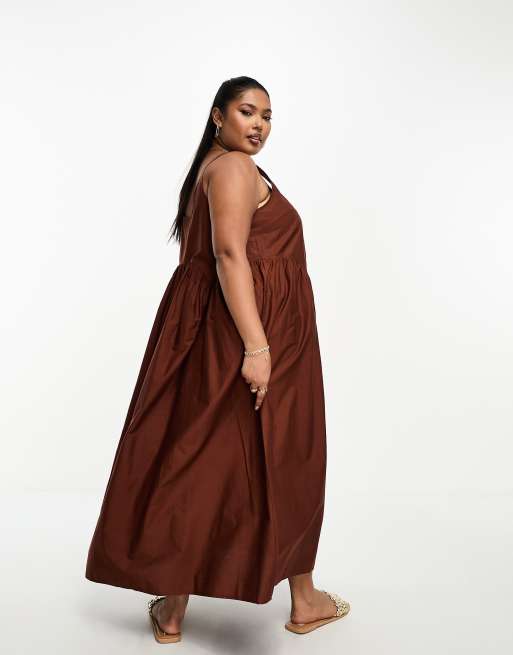 Vestido veraniego midi marrón chocolate amplio con escote cuadrado de ASOS DESIGN Curve, 2 de 4