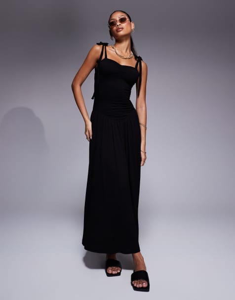 Vestido veraniego midi negro de tirantes anudados con cuerpo fruncido de tejido rugoso de ASOS DESIGN - view 1