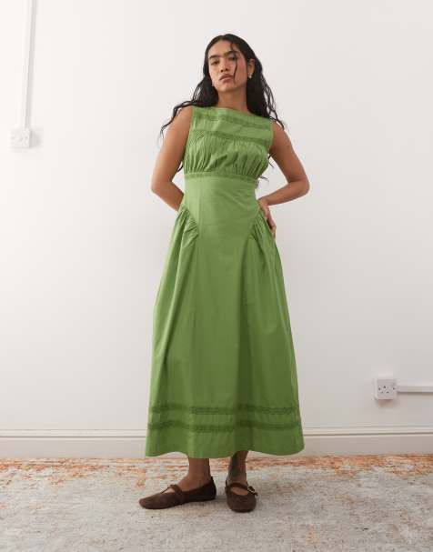 Vestido veraniego midi verde con cintura baja y ribetes de encaje de Reclaimed Vintage - view 1