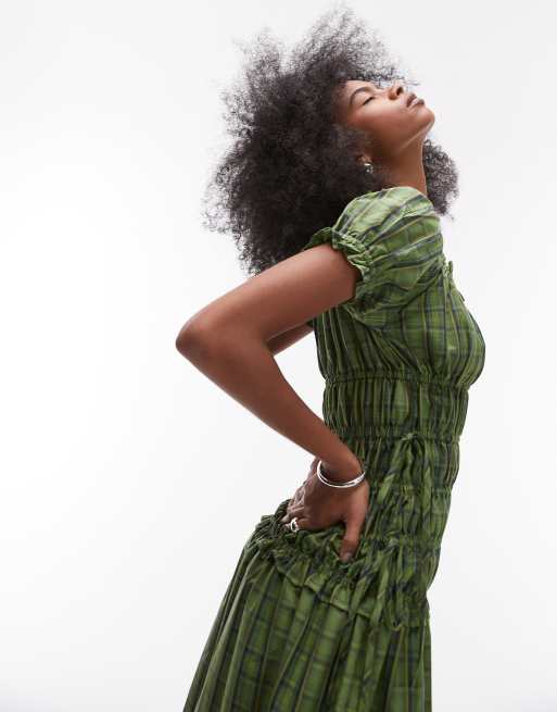 Vestido verde a cuadros fruncido con mangas de casquillo y lazadas en los laterales de Topshop