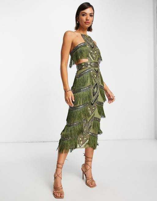 Vestido verde tubo con adornado, cuello subido y flecos de DESIGN | ASOS