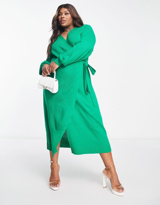Vestido verde esmeralda cruzado con lazada en la cintura de punto Beau de Pretty Lavish Curve