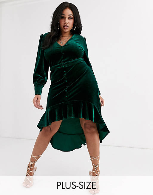 Vestido verde esmeralda de terciopelo con bajo asimétrico de Missguided  Plus | ASOS