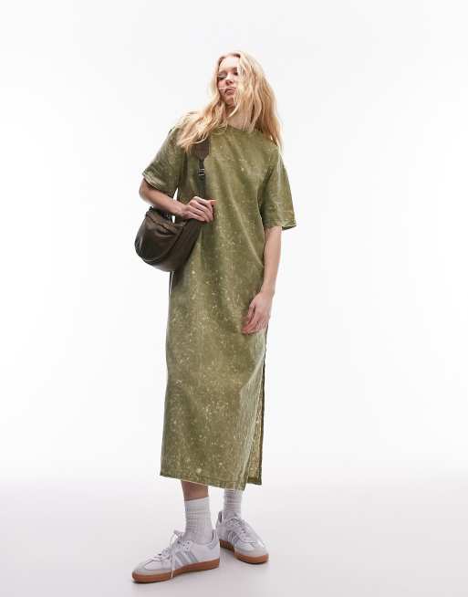 Vestido verde estilo camiseta extragrande con lavado ácido de Topshop