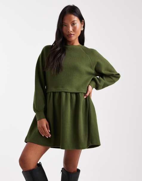 Vestido verde oliva amplio de tejido muy suave cepillado de Miss Selfridge Petite - view 1