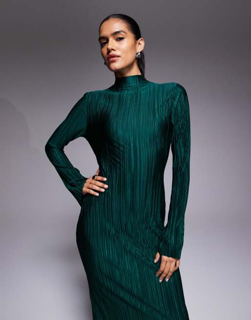 Vestido verde oscuro plisado de manga larga con lazada en la espalda de ASOS DESIGN, 2 de 4