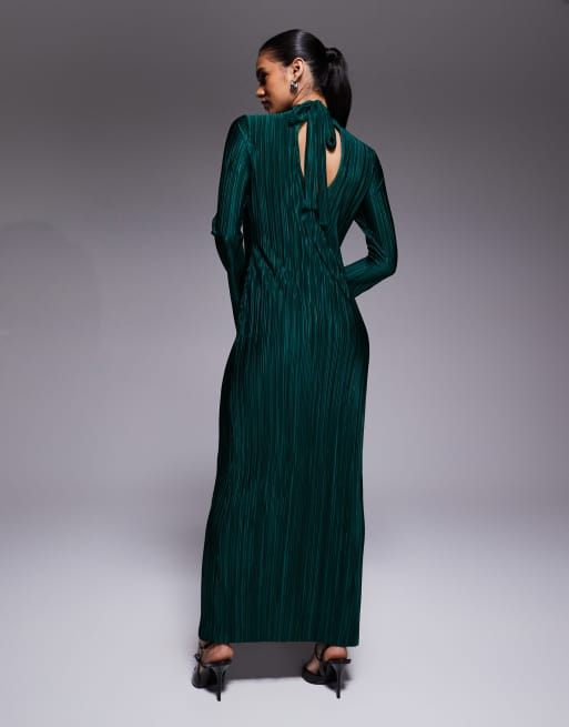 Vestido verde oscuro plisado de manga larga con lazada en la espalda de ASOS DESIGN, 3 de 4