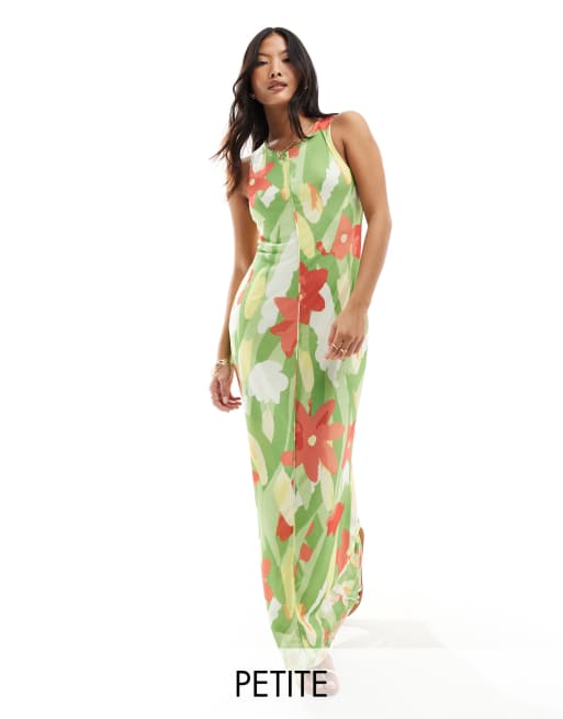 Vestido verde sin mangas con estampado floral y bordes ondulados de malla de Vero Moda Petite