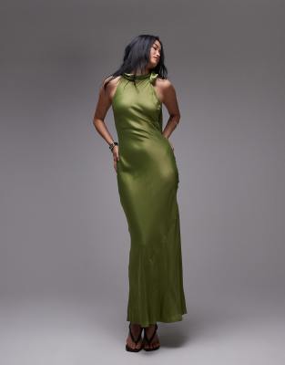 Vestido verde sin mangas de corte al bies con lazada al cuello de satén de Topshop - view 1