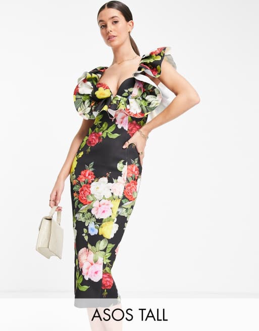 Vestidos de tubo midi con estampado detalle de y volantes de ASOS DESIGN Tall |