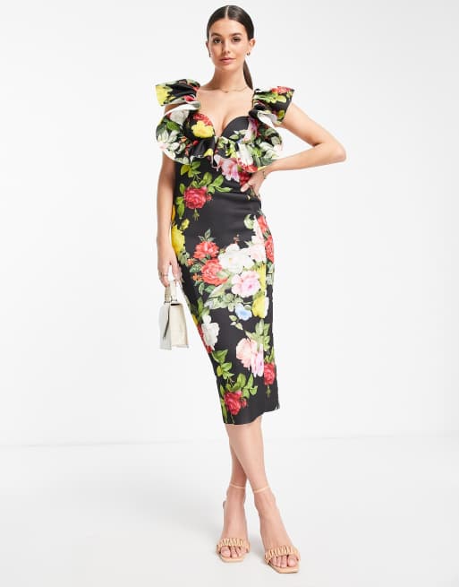 Vestidos de tubo midi con estampado detalle de y volantes de ASOS DESIGN Tall |