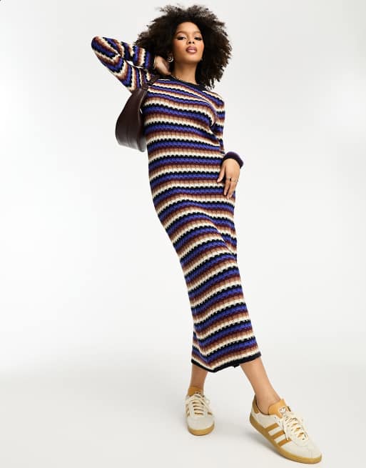 Vestidos midi ajustado a rayas multicolor de punto de croché de Object