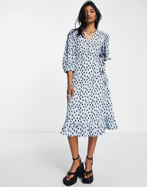 Vestidos midi azul cruzado con estampado de lunares y mangas abullonadas de | ASOS