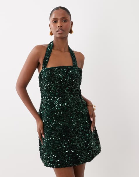 Vestito corto skater con paillettes, scollo all'americana e scollo Bardot, verde scuro - view 1
