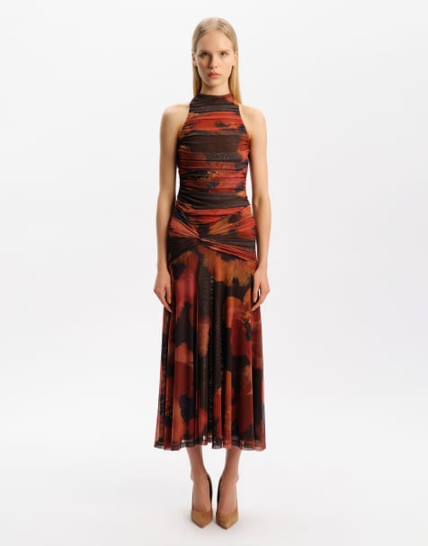 Vestito lungo maxi con collo alto, arricciatura laterale, spacco alla coscia e stampa floreale astratta con scollo Bardot in rete - view 1