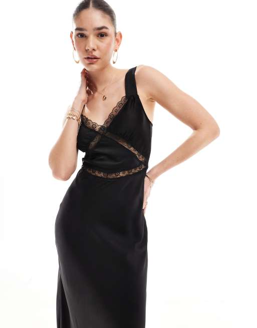 Vestito lungo nero in raso con scollo bardot e inserto in pizzo , 3 di 4