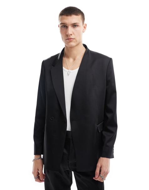 Viggo asymmetric oversized suit jacket in black high shine - view 1