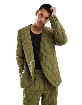 Viggo casual oversized suit jacket in quilted khaki co-ord-Green