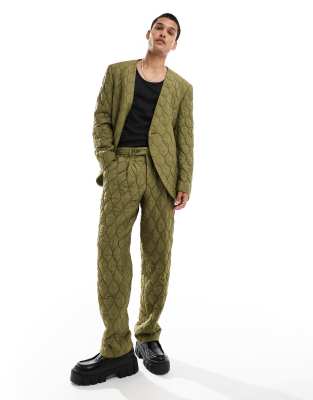 casual oversized suit pants in quilted khaki - part of a set-Green