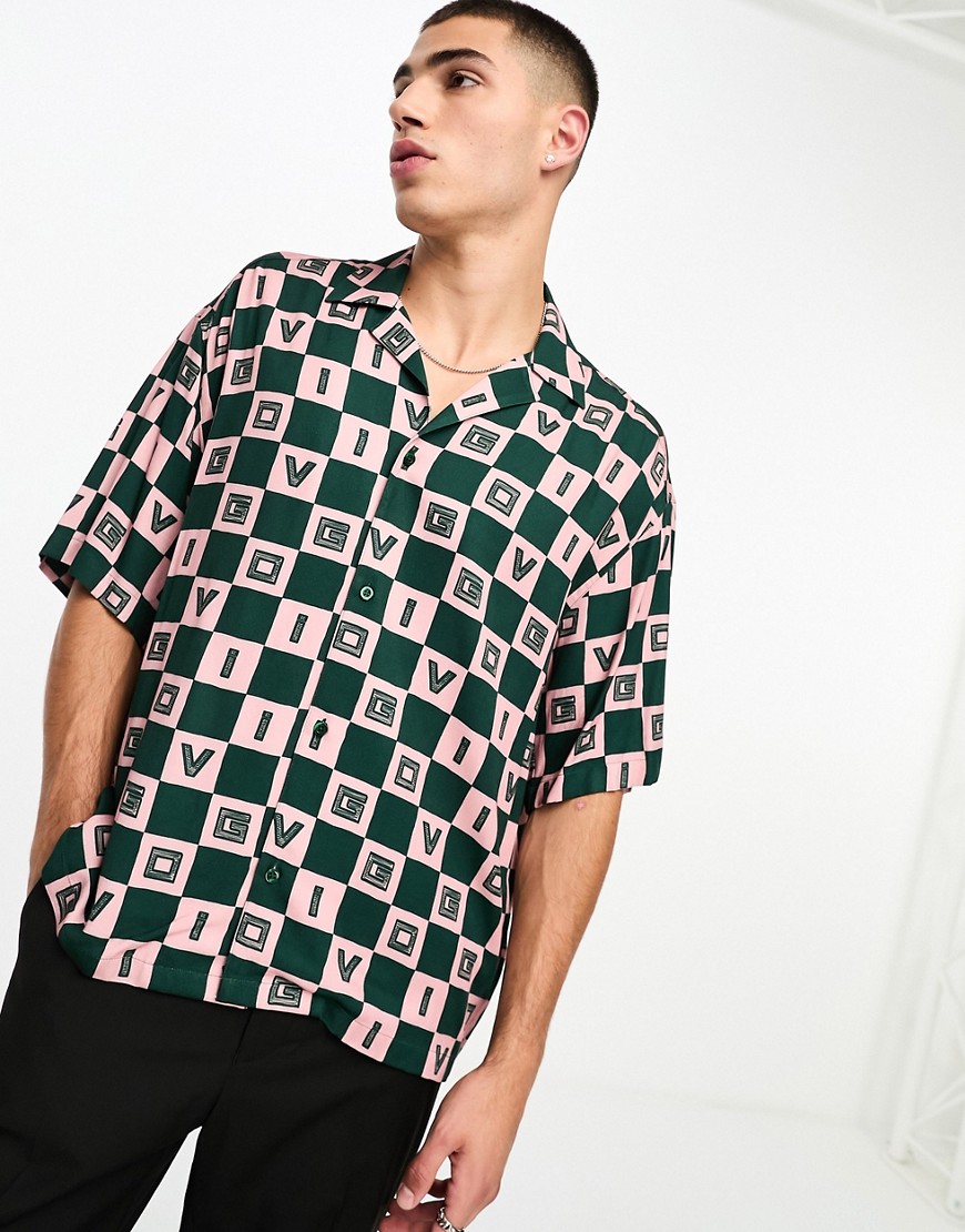 checkerboard print shirt in green and pink-Navy