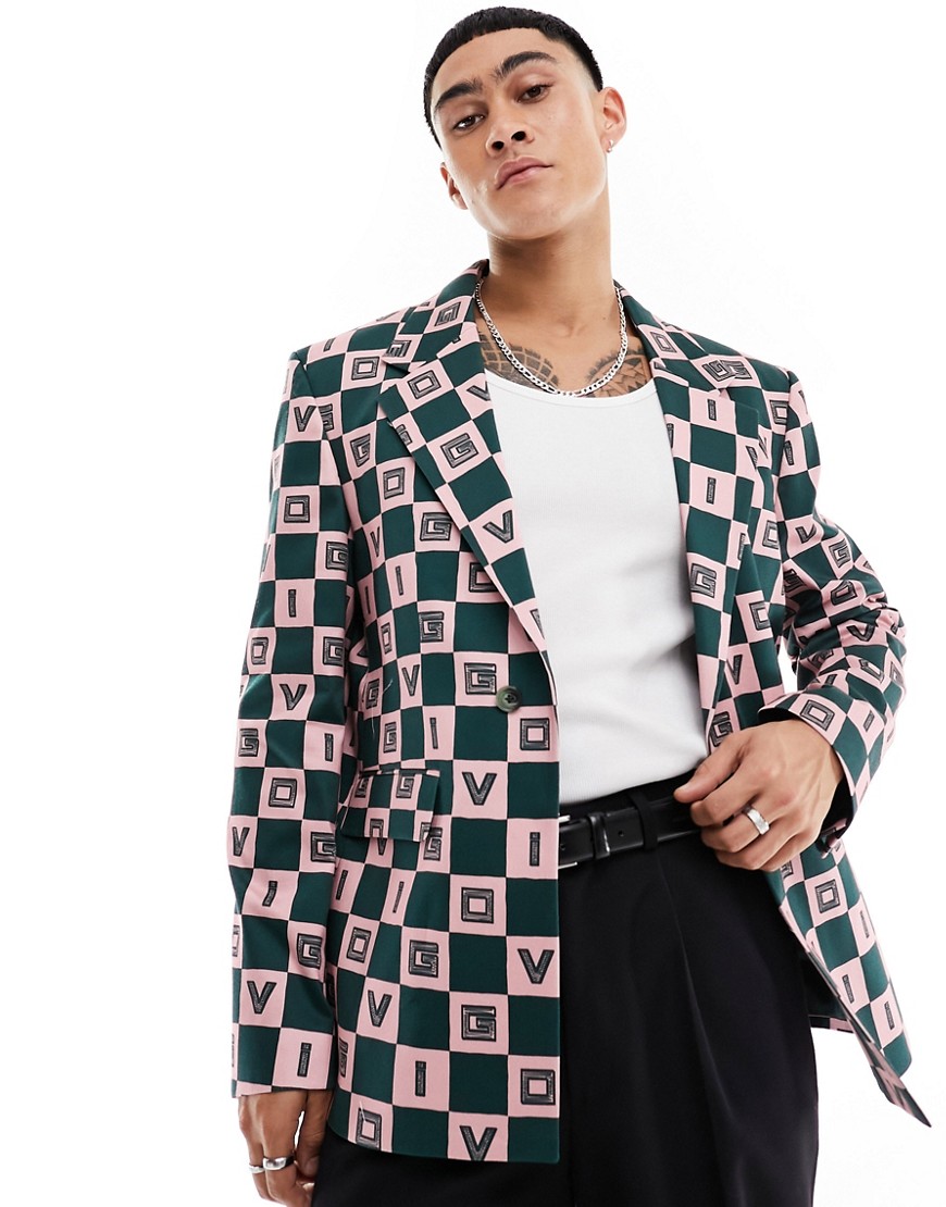checkerboard print suit jacket in green-Navy