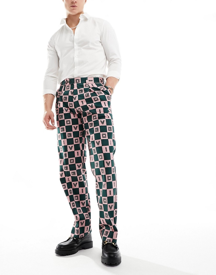 checkerboard print suit pants in green-Navy
