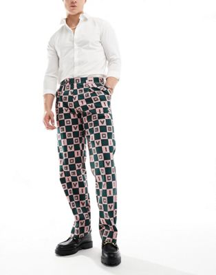 Viggo checkerboard print suit trouser in green