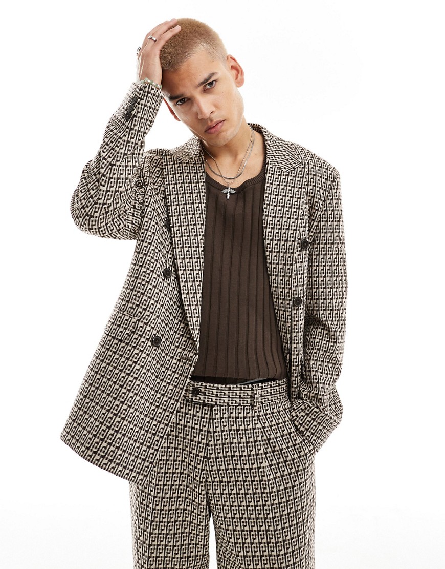 Viggo fernandes double breasted checked suit jacket in tan-Brown