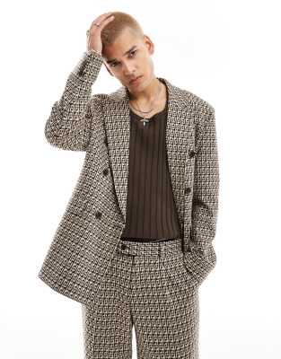 Viggo Viggo fernandes double breasted oversized checked suit jacket in tan-Brown