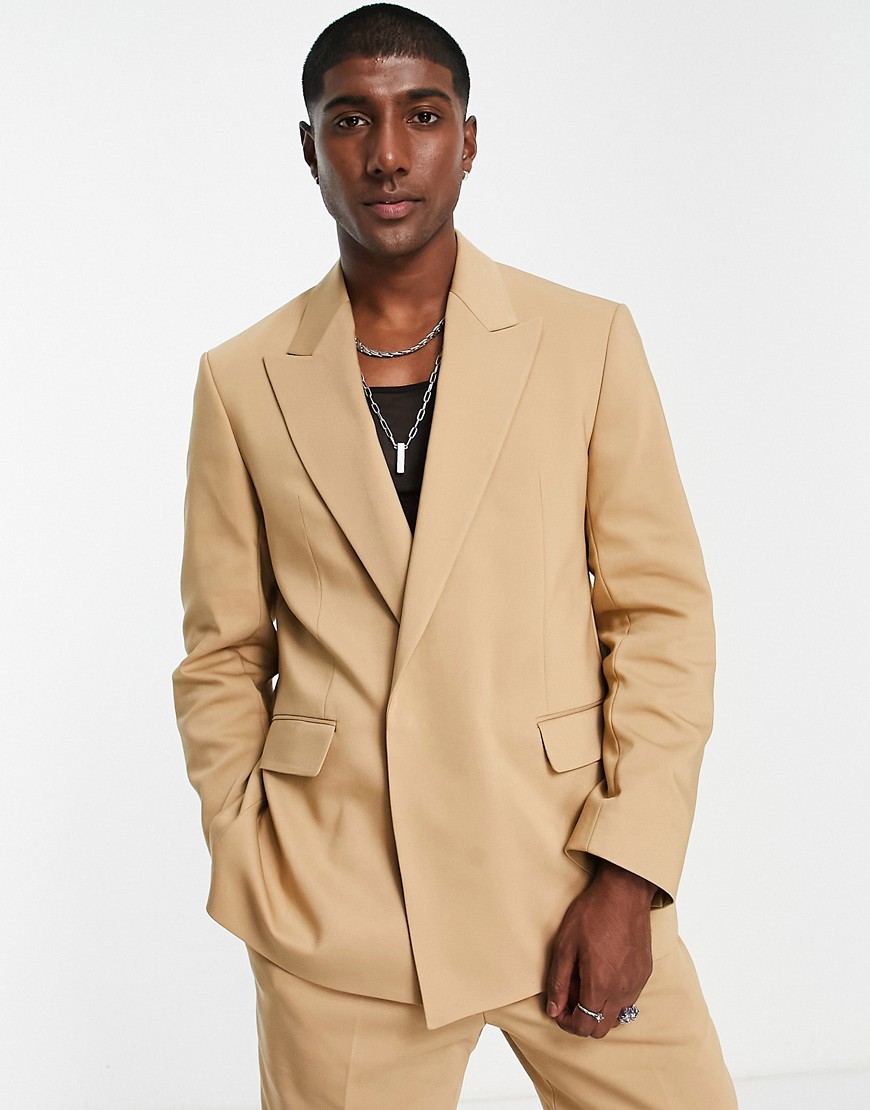 Viggo Lavoi Relaxed Consealed Suit Blazer In Brown