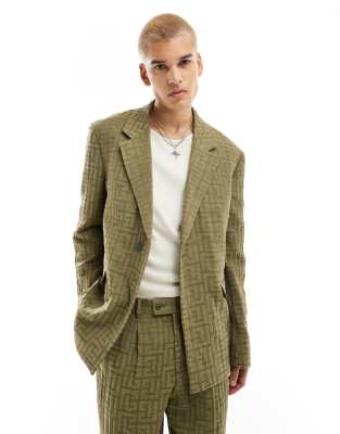 malacia checked oversized suit jacket in khaki-Green