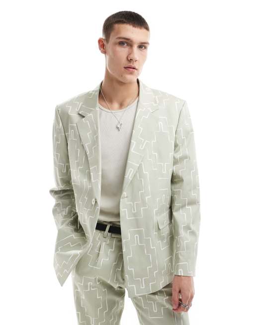 Viggo - Oversized colbert met print in saliegroen 