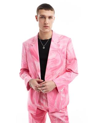 oversized suit jacket in pink swirl print-Green