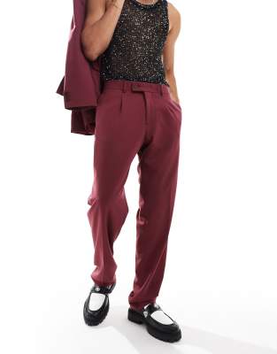 oversized suit pants in burgundy - part of a set-Red