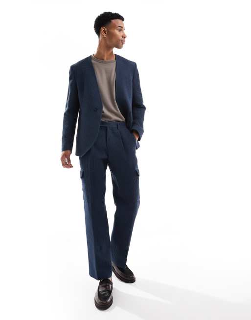 Viggo - Pantalon met wafelstructuur in marineblauw, deel van co-ord set
