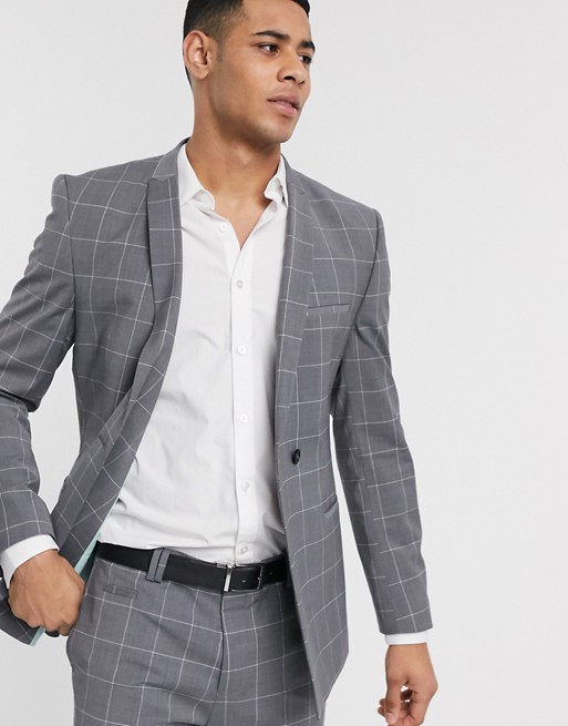 Viggo recycled wool suit jacket in grey windowpane check
