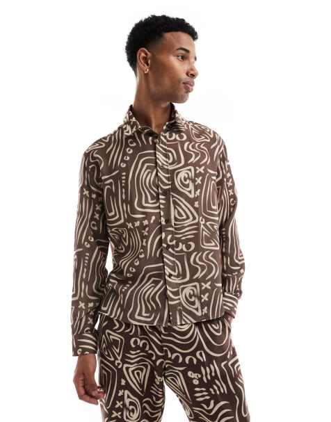 Viggo relaxed shirt in dark brown abstract print co-ord - view 1