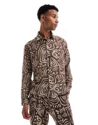 relaxed shirt in dark brown abstract print - part of a set-Multi