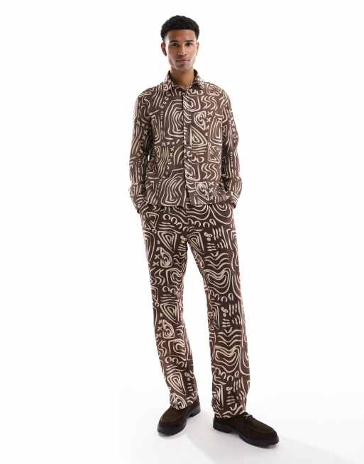 Viggo relaxed tailored pants in dark brown abstract print (part of a set)
