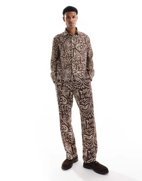 Viggo relaxed tailored trousers in dark brown abstract print co-ord - view 1