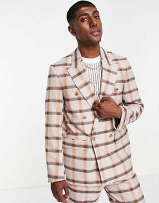 Valle relaxed double breast suit jacket in beige and brown check-Neutral