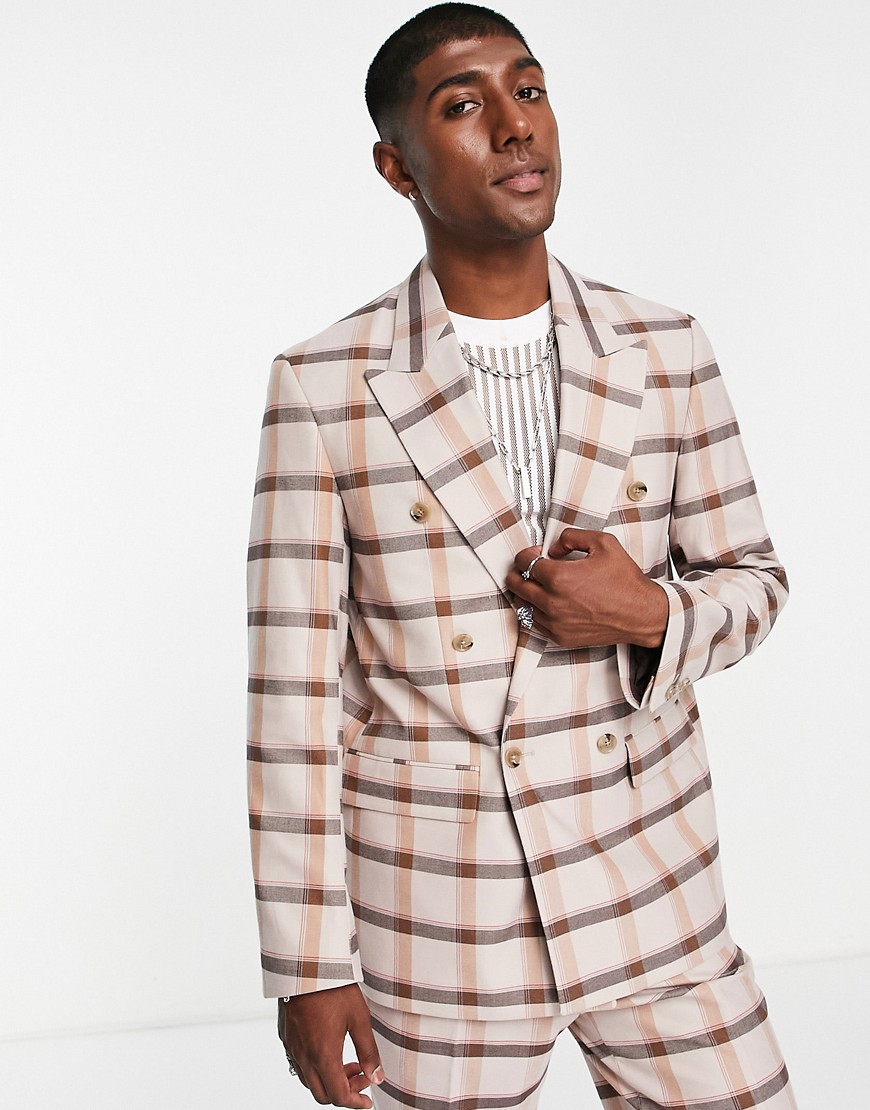 Viggo valle relaxed double breast suit jacket in beige and brown check-Neutral
