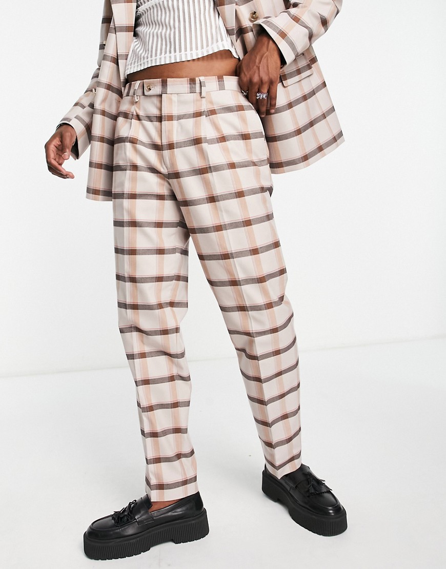 Viggo Valle Relaxed Straight Suit Pants In Beige And Brown Check-neutral