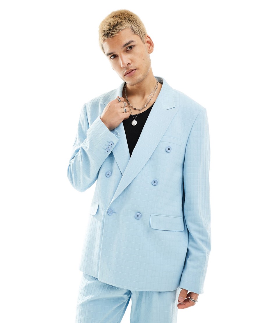 Viggo zidan printed double breasted suit jacket in baby blue