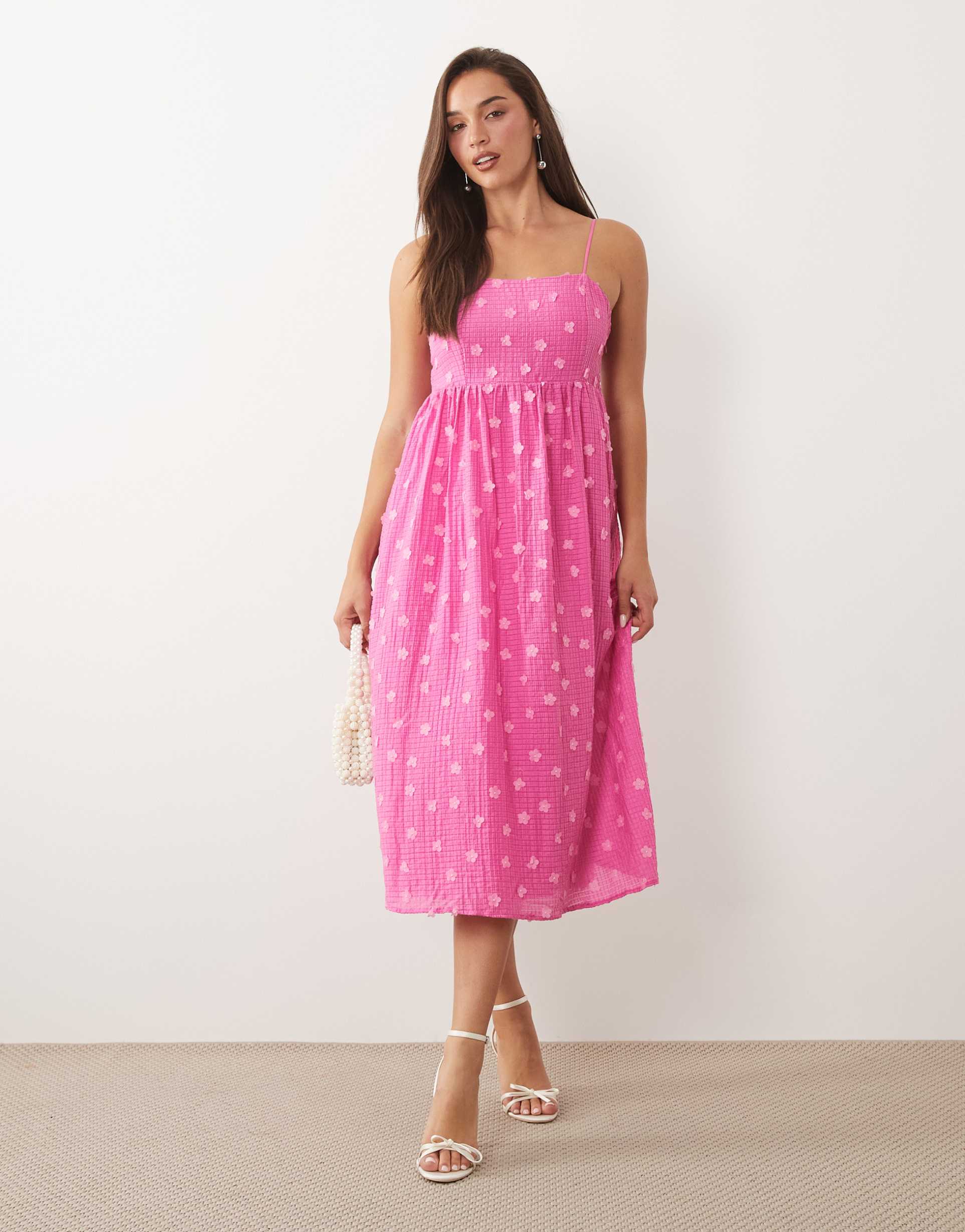 vila 3d floral applique textured cami maxi dress in pink
