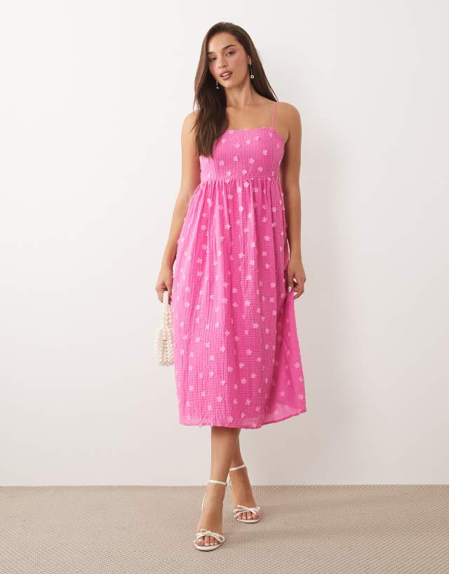 floral dotted a-line dress in pink Vila - Applique Textured Cami Maxi - Women - Lyocell/Polyamide - 34 EU Style:Mid Rise Sage Double Layer Soft SIZE:USA 12 / EU 42 / UK 14 shorter in the front