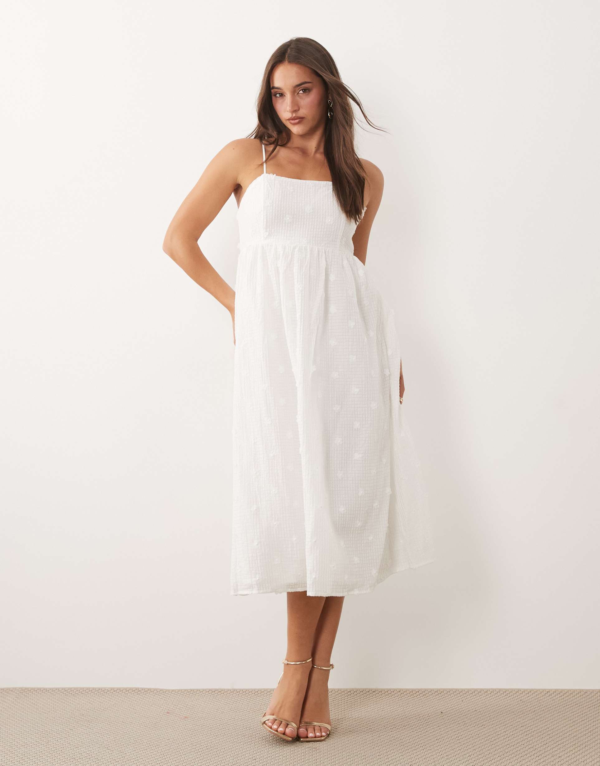 vila 3d floral applique textured cami maxi dress in white