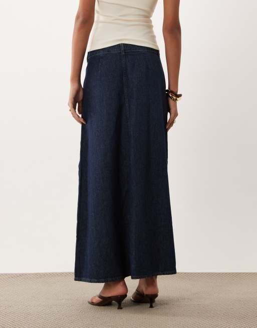 Vila a line denim maxi skirt in dark blue wash, 3 of 5