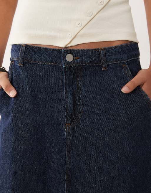 Vila a line denim maxi skirt in dark blue wash, 4 of 5