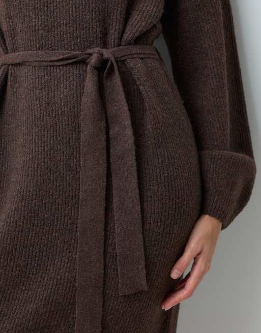 Vila abito lungo in maglia grossa con allacciatura in vita color marrone cioccolato, 2 di 4